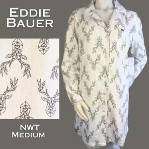 NEW Eddie Bauer Womens Flannel Sleep Shirt Medium White Gray Deer Button Down